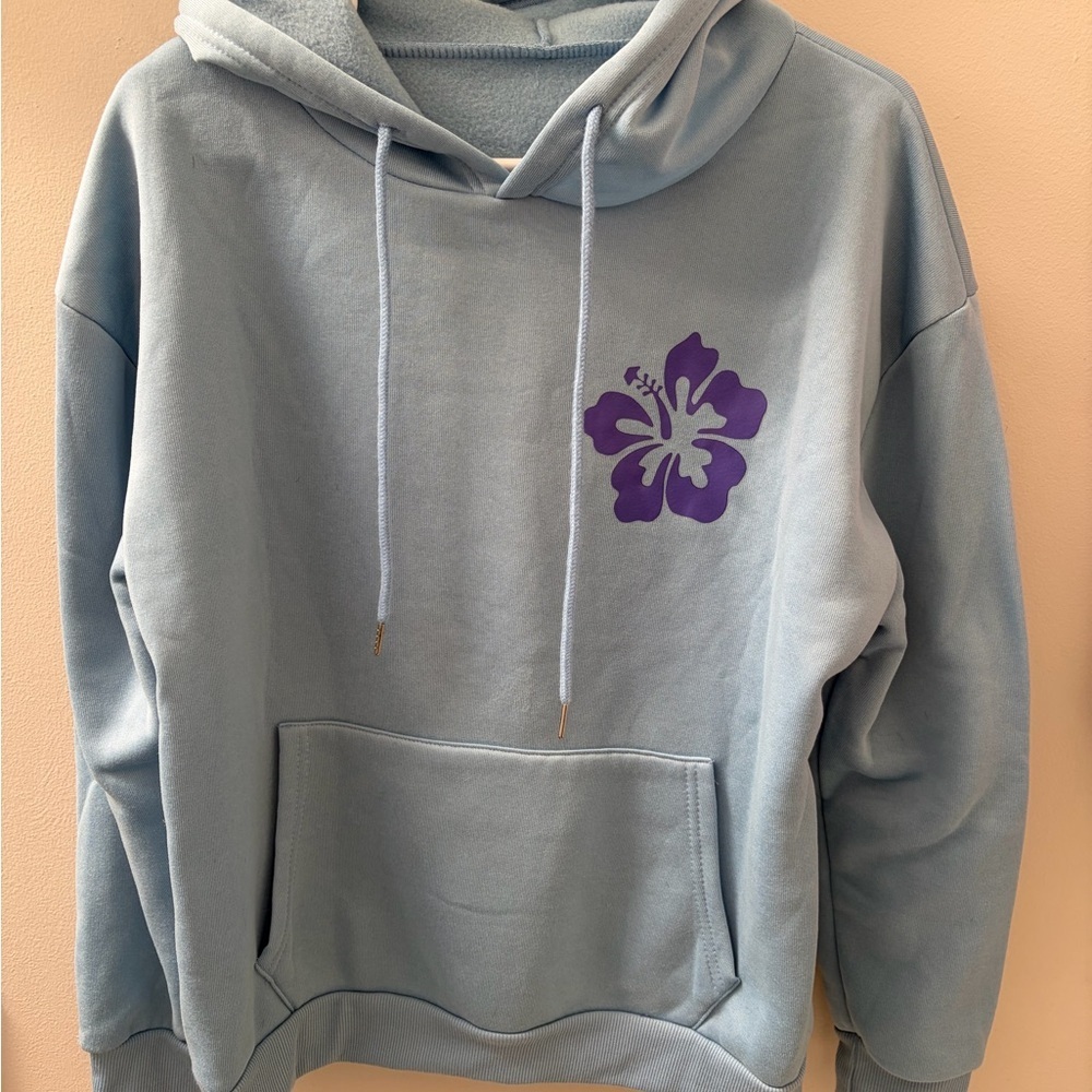 SHEIN medium Light Blue Hoodie with Purple Hibiscus Graphic teen ocean wave